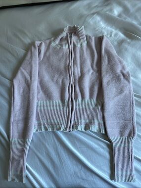 Light Pink Rib-Trim Zip Front Women’s Sweater